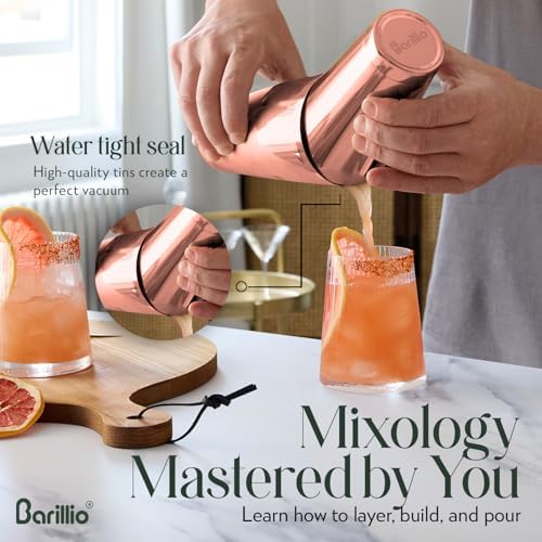 Barillio Rose Gold Boston Shaker Set - Stainless-Steel, Weighted Martini Cocktail Shaker Set w/Strainer & Mixer - Mixology Bartender Kit - Bar Set for the Home - 9-pc Drink Shaker Set - Bar Tools