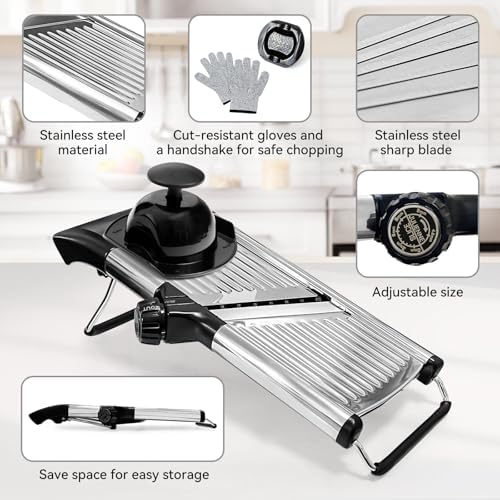 Mandoline Slicer, Adjustable Stainless Steel Slicer, Food Holder and Gloves