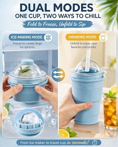 Collapsible Ice Ball Maker Cup, 2-in-1 Silicone Folding Ice Cube Cup Tray Portable Leakproof Travel Tumbler with Lid & Straw, Reusable Sphere Mold for Whiskey, Bourbon, Coffee, Summer Drinks