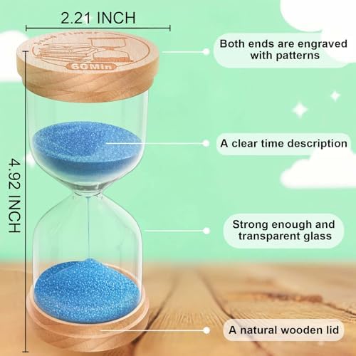 60 Minute Sand Timer Hourglass, Beech Wood Hourglass Sand Clock, Small Blue Wooden 60 Min Hour Glass, 1 HourMinutes Sandglass, Reloj De Arenai, Classroom, Game, Kitchen, Home, Office, Decorative