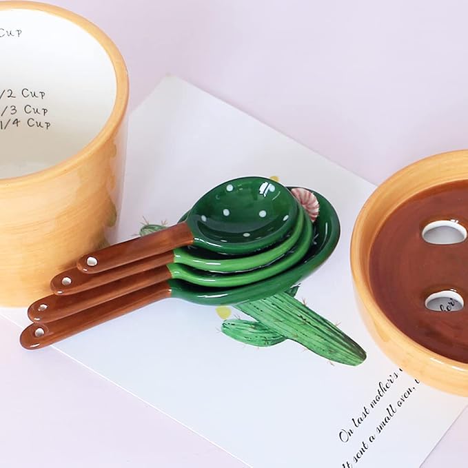 Ceramic Cactus Measuring Spoons with Holder Set of 5 Baking Measuring Spoons for Wet & Dry Ingredients Cactus Figurine Dishwasher Safe Mixed Colors 1 Tbsp 1 TSP 1/2 TSP 1/4 TSP 1 Cup Green