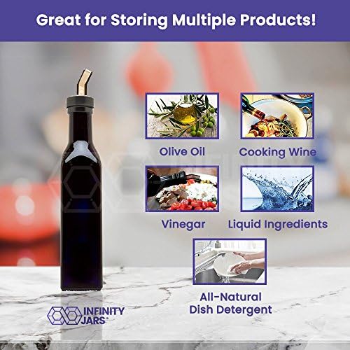 Infinity Jars Black Ultraviolet Square Glass Oil Bottle 250Ml (8.5 Fl oz) w/Plastic Pour Spout, Airtight Round Refill Vinegar Cruet Cooking Oil Dispenser Bottle, Olive Oil Bottle for Kitchen 3-Pack