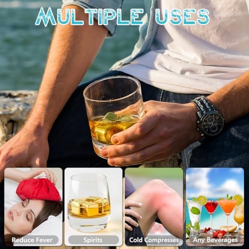 Reusable Stainless Steel Ice Cubes, 8 Packs Metal Whiskey Stones Chilling Rocks, Reusable Ice Cube for Whiskey, Vodka, Beverage Chilling Stones, Gold