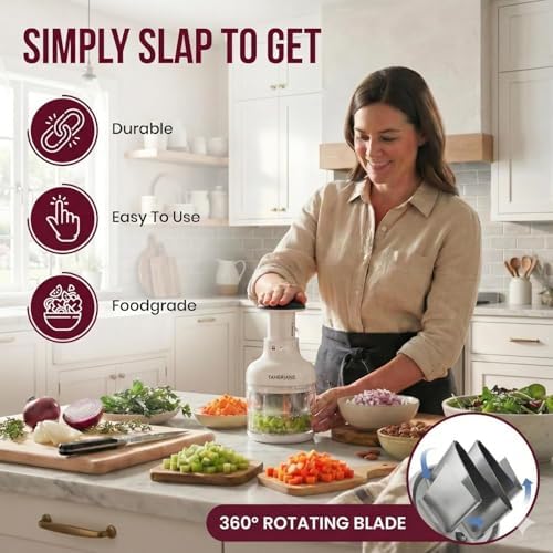 Manual Vegetable Chopper, Food Slicer, Garlic Chopper, Best for Vegetables Salads, Onion, Fruits, And Nuts, Dishwasher-safe, White, Easy to Clean