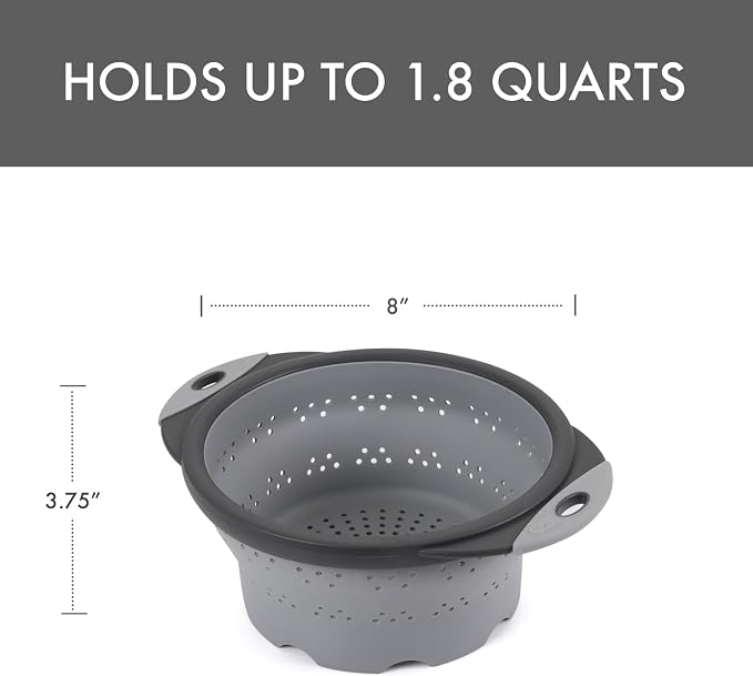 Dexas 8" Collapsible Silicone Colander in Cool Grey, Kitchen Strainer with Handles, 7.2 Cup Capacity | BPA-Free, Heat-Resistant, Space-Saving Kitchen Tool