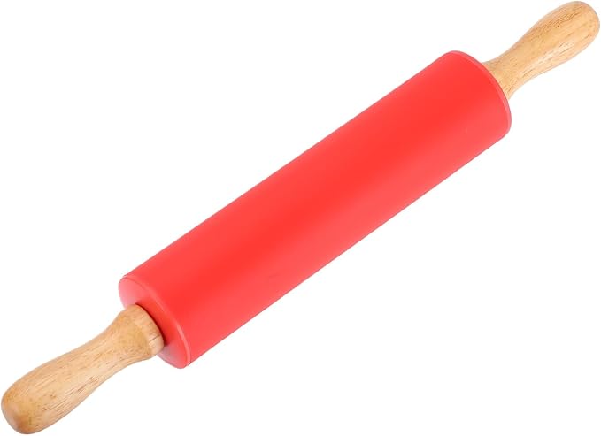 uxcell Rolling Pins for Baking, 12 Inch Silicone Non-Stick Rolling Pin Baking Roller Wooden Handle for Home Kitchen Dough Cookies Pastry, Red