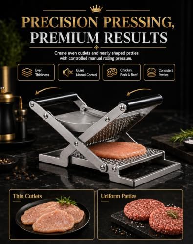 Manual Schnitzel Press Machine, Stainless Steel Clamp-On Meat Tenderizer & Chicken Cutlet Flattener for Beef, Pork, Steak and Patty Prep