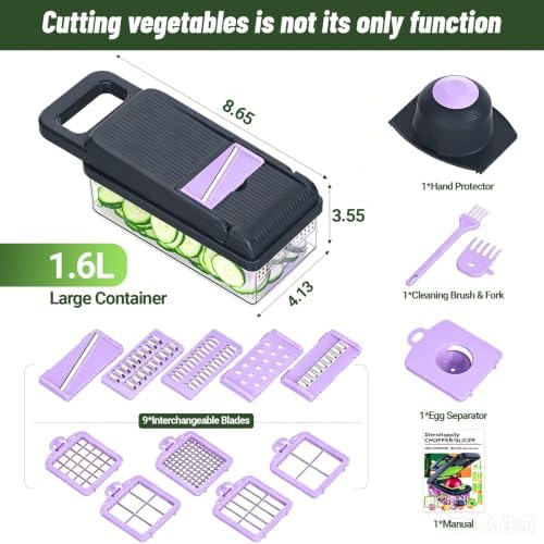 12-in-1 Vegetable Chopper 7 Blades, Veggie Cutter with Handle, Black/Purple