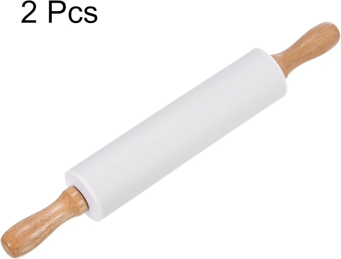 HARFINGTON 2pcs Silicone Rolling Pins for Baking 12.2 Inch Non-Stick Silicone Surface Wooden Handle Rolling Pin Small Roller Playdough Rolling Pins for Fondant Kitchen Dough Pizza, White