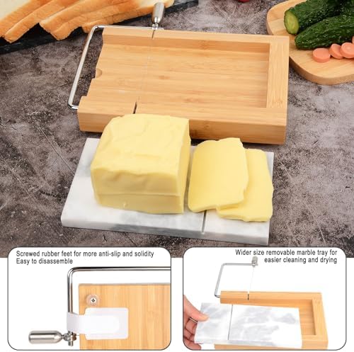 Marble Cheese Slicer,Separable Duty Cheese Cutter 9.5“ x 6”,Polished Cheese Slicer surfaces,Easy to Clean,Great for Cutting Cubes of Cheese,Butter and Other Appetizers (White Gray)