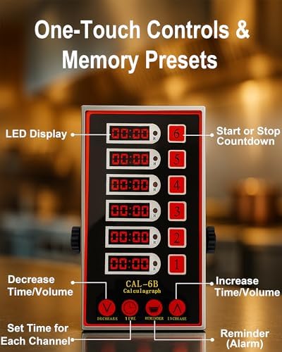 Commercial 6 Channel Kitchen Timer, Digital Stainless Steel Restaurant Timer with Loud Alarm, Multi-Event Reminder for Fryer, Baking (Pack of 2)