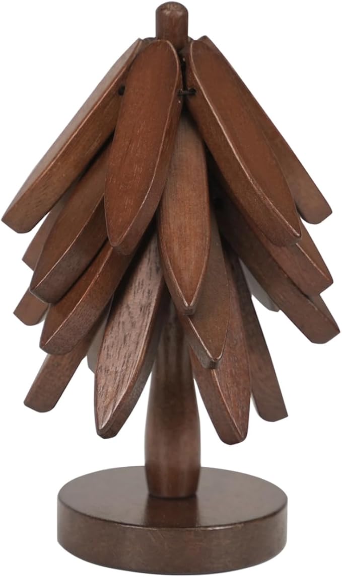 Wooden Trivet Tree for Hot Dishes, 4 Coasters + Stand, Walnut Finish | Foldable hot plate holder set with 4 wooden trivets and compact stand.