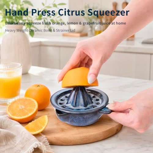 Lemon Orange Grapefruit Juicer Manual Squeezer Ceramic Hand Juicer Reamer Rotation Press with Strainer＆ 5oz Bowl, Pour Spout, Handle, Dishwasher Safe,Ocean Blue