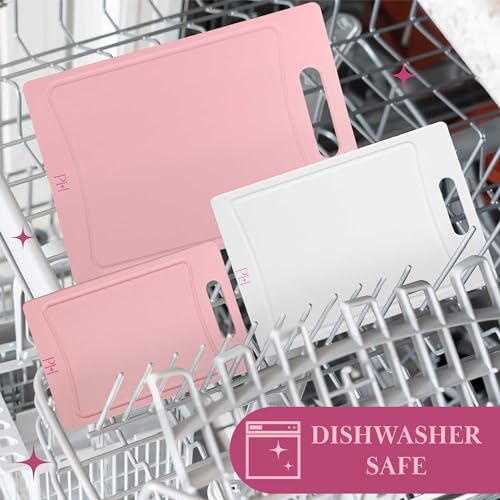 Paris Hilton Cutting Boards for Kitchen, Reversible Dual Sided Plastic Cutting Board Set with Juice Grooves, Easy Grip Handle, Heavy Duty and Made Without BPA, Dishwasher Safe, 3-Piece, Pink and Cream
