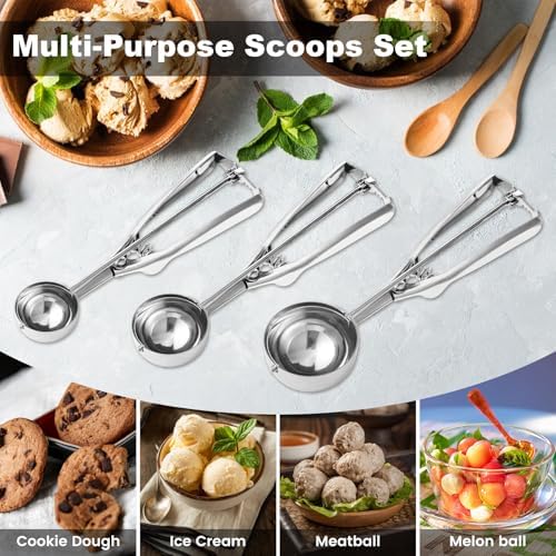 Cookie Scoop,Set of 3 Cookie Dough Scoops for Baking 1 Tbsp,2 Tbsp,3 Tbsp,Stainless Steel Ice Cream Scooper with Trigger Release for Cupcake,Ice Cream,Muffin,Meatball,Melonball (Pack of 2)