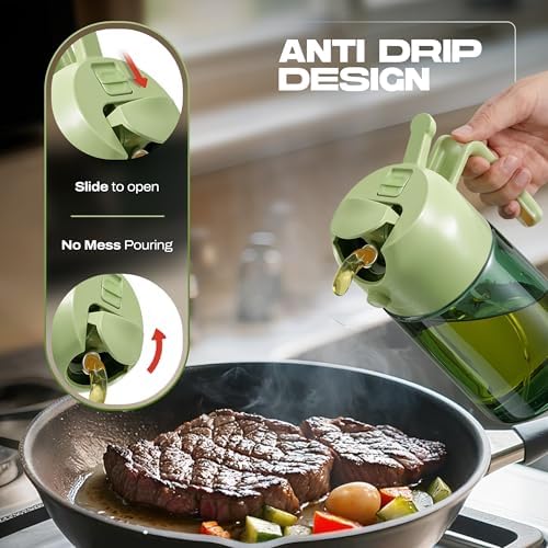 PORTENTUM Olive oil spray bottle for cooking 16oz/470ml 2 in 1 spray and pour function – Anti drip green glass bottle dispenser with light protection – Multilingual labels – Air fryer salads grilling
