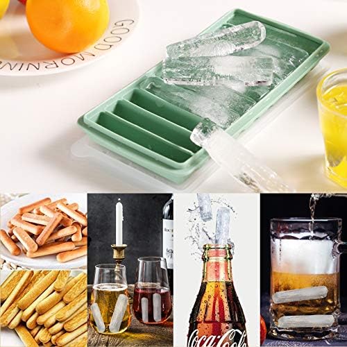 LessMo 2 PCS Ice Cube Tray, Long Ice Stick Tray Silicone with Lid, Rectangular Narrow Stick, Reusable, Flexible, Easy Release, for Small Mouth Sport Bottles, Juice Bottles, Cocktail Parties, Green