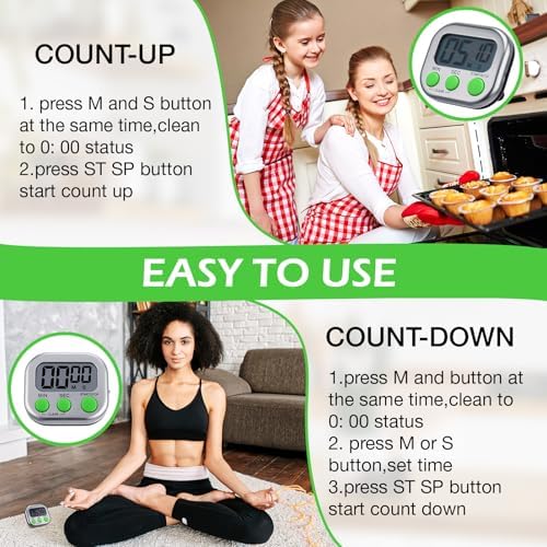 Leumoi 24 Pack Multi-Function Digital Timers with Magnetic Back, Large LCD Display, Loud Alarm, Count up & Countdown, Memory Function for Cooking, Classroom, Study, Exercise & Work(Sliver and Green)