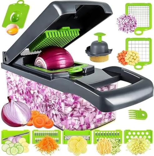 Multi-Function 12-in-1 Vegetable Chopper Cutter - Spiralizer and Slicer with Storage Container, Onion Chopper and Onion Mincer, Cutter, Egg, Veggie Chopper, Cheese Grater, Strawberry Slicer