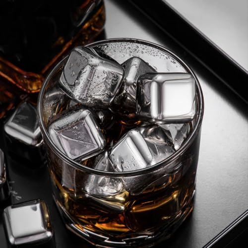 6pcs Whiskey Stones with Ice Tong Stainless Steel Ice Cubes Reusable Dice Shaped Whiskey Rocks Beverage Chilling Stones for Bourbon Drinking Assorted Color