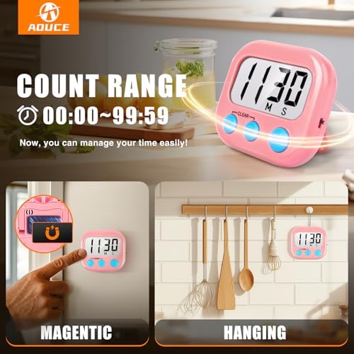 AOUCE Digital Kitchen Timers for Cooking, Timer for Kids 6 Pack Pink
