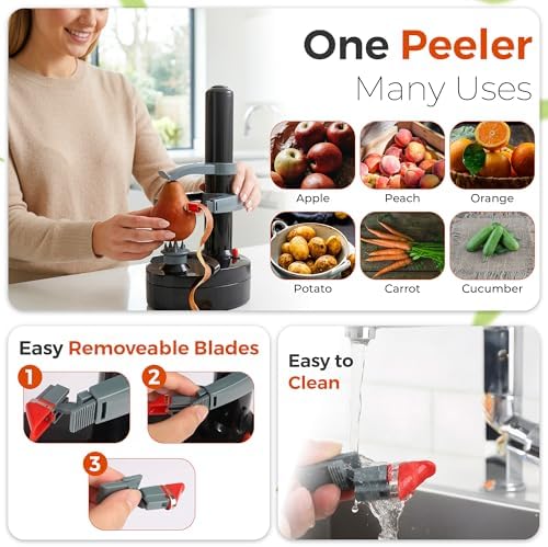 Electric Potato Peeler with 13 Blades, Automatic Rotating Vegetable & Fruit Peeler Machine, Hands-Free Peeler for Potatoes, Apples & More Kitchen Gadgets (Black)