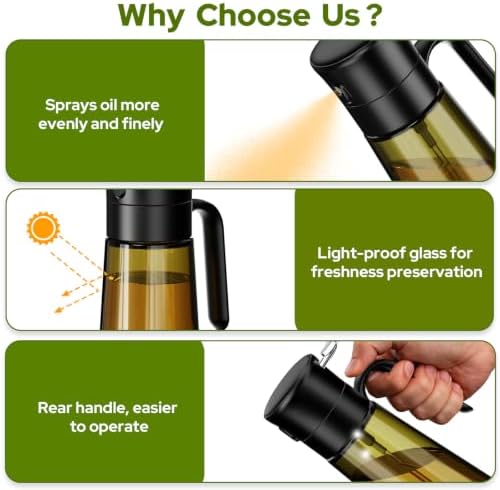 Olive Oil Spray Bottle with Basting Brush, 280ml Light-Proof Glass Oil Sprayer to Preserve Freshness, Ideal for Salad Dressing, Baking & Grilling