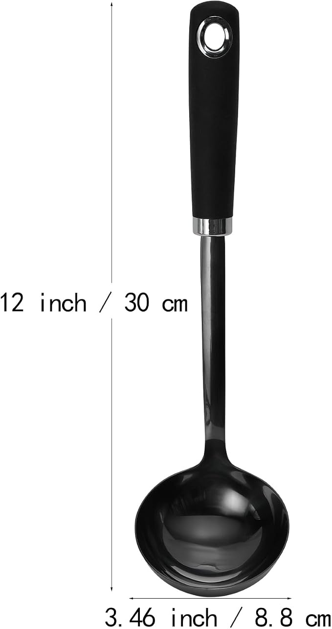 Black Stainless Steel Soup Ladle, 12 Inch Metal Ladle Spoon with Ergonomic Handle for Soup, Stew, Sauce, Chili, Gravy and Serving, Dishwasher Safe