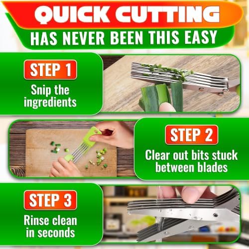 Herb Scissors with 5 Blades and Cover, Cleaning Brush, Even Cuts
