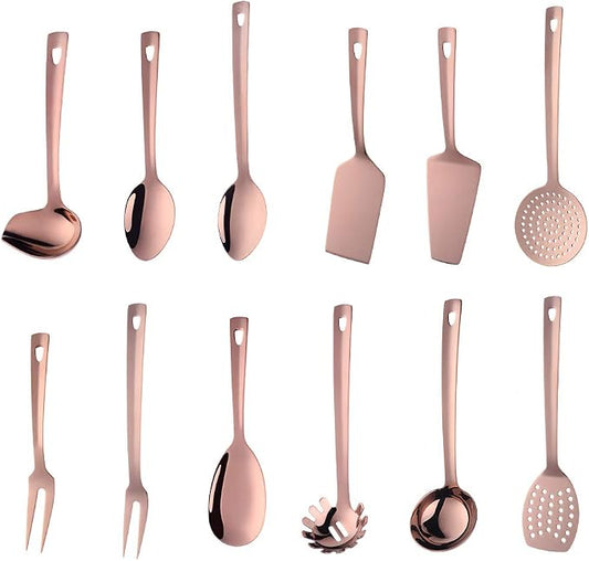 12 Pcs Cooking Utensil Set, Stainless Steel Rose Gold Titanium Plated Cookware Sets with Public Fork/Spoon, Cake Shovels, Spatula, Ladles, Solid Spoon, Slotted Spoon, Pasta Server, Kitchen Tool Gadget