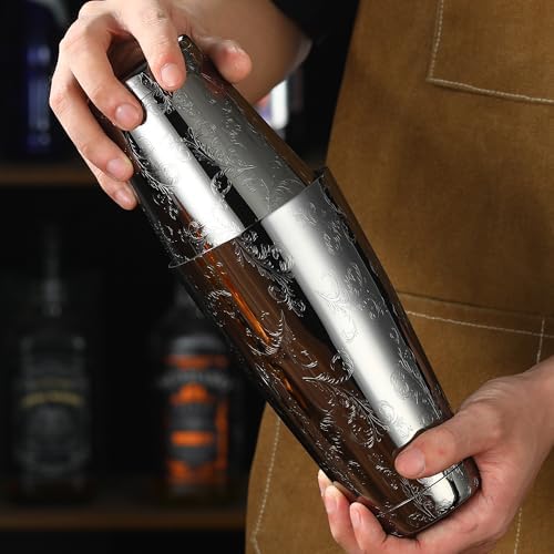 Stainless Steel Boston Shaker with Etched Pattern Weighted Shaking Tin Set (Leaf Black)