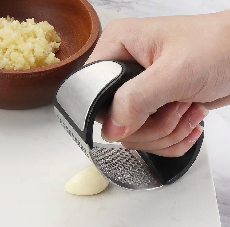 Cuisinly Garlic Press - Stainless Steel Rocker Chopper & Crusher - Free Silicone Garlic Peeler & Cleaning Brush