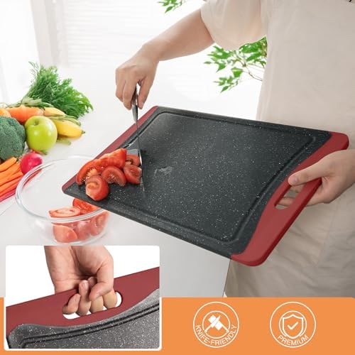 Extra Large Cutting Boards, Plastic Cutting Boards for Kitchen (Set of 3) Cutting Board Set Dishwasher Chopping Board with Juice Grooves Easy-Grip Handles, Red, Empune