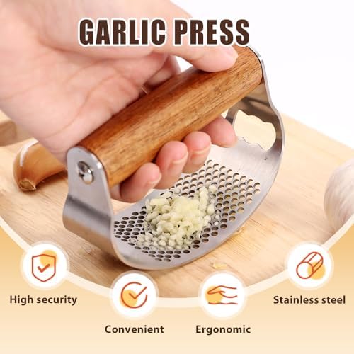 Garlic Press Rocker, 2025 New Manual Stainless Steel Garlic Presser Rocker, Crusher Masher with Garlic Peeling Drum Brush for Home Kitchen Utensils (1)