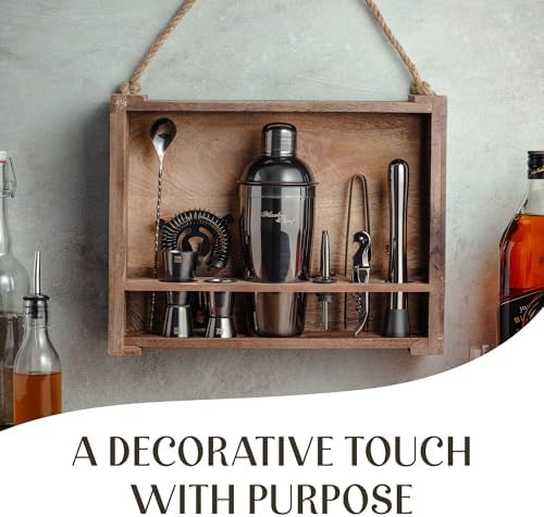 Mixology & Craft Rustic Cocktail Shaker Set – Includes Wood Stand, Complete Barware Kit with 24 Oz Shaker, Dual Jiggers, Pourers, Muddler, Strainer – Perfect for Home Bartenders (Gun-Metal Black)