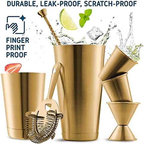 Bar Set Cocktail Shaker Set, Stainless Steel Mixology Bartender Kit, 16 Piece Cocktail Kit, Gold Cocktail Set, Bar Tools: 30oz Martini Shaker, Muddler, Bar Kit Cocktail Book, Jigger and Pourers