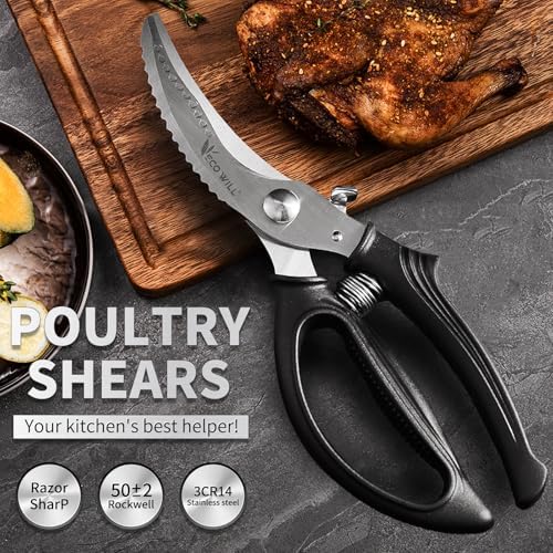 Heavy Duty Kitchen Poultry Shears with 2 Springs, Non-Slip Handle & Safety Lock, Dishwasher Safe, Stainless Steel Scissors for Meat, Chicken, Bones, Fish, Vegetables, and More