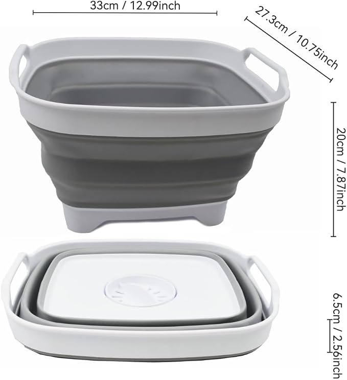 SAMMART 7.5L (2 Gallons) Collapsible Dishpan with Draining Plug - Foldable Washing Basin - Portable Dish Washing Tub - Space Saving y (White/Grey (Set of 2), 2)