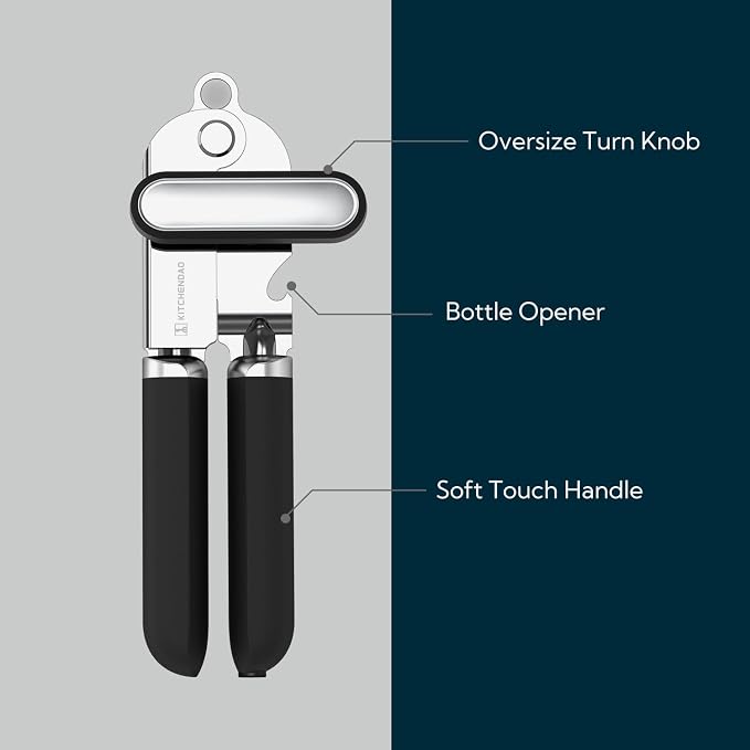 KITCHENDAO Manual Can Opener, Super Sharp Sandvik 12C27 Blade, Handheld Can Opener with Magnet, Smooth Edge Cut, Soft Grip, Oversized Knob for Seniors & Arthritis, Easy to Use, Black