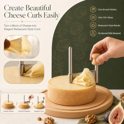 Cheese Curler Wheel, Stainless Steel Cheese Shaver with Manual Handheld Flaker, Kitchen Cheese Cutter Gadget for Butter Chocolate Home Parties Bakery Restaurants Cafes