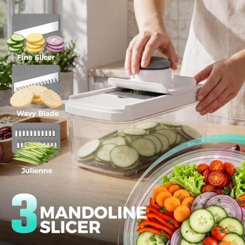 HAUSHOF 9-in-1 Vegetable Chopper & Mandoline Slicer, 7 Blades, Drain Basket