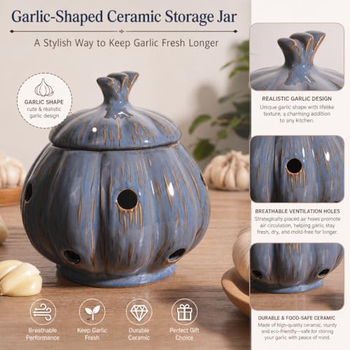 Ceramic Garlic Keeper Storage Holder Jar with Lid, Kitchen Countertop Large Garlic Canister Cellar Saver Holder Crock Container. (Blue)