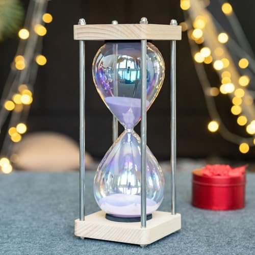 Large 60-Minute Hourglass Sand Timer,Pastel Macaron Glass & Natural Oak Wood Base, Modern Minimalist Office Home Desktop Decor (Macaron Purple)