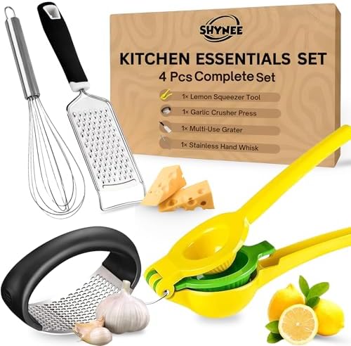4PCs Kitchen Essentials Set – Premium Quality Lemon Squeezer, Garlic Press, Stainless Steel Whisk, Multi-Use Grater, Cheese Grater – Durable, Easy to Clean Cooking Tools Set for Everyday Meal Prep
