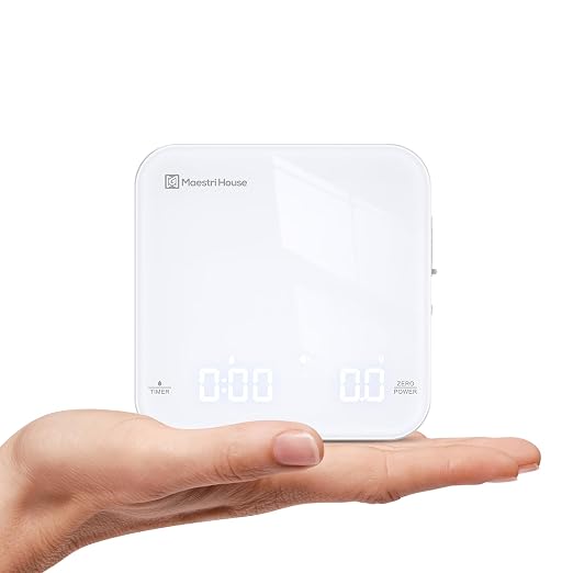 Maestri House S2 Espresso Coffee Scale with Timer 0.1g Precision Shot Scale | USB-C Rechargeable, Dual Timing Modes, 2kg/0.1g Digital Scale with Borosilicate Glass Top for Espresso and Pour-Over Brewing