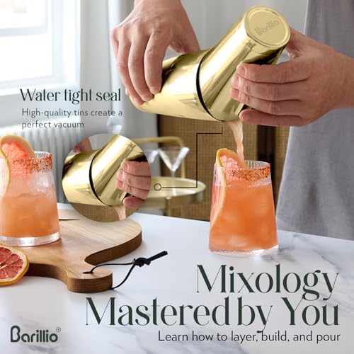 Barillio Gold Boston Shaker Set - Stainless-Steel, Weighted Martini Cocktail Shaker Set w/Strainer & Drink Mixer - Mixology Bartender Kit - Bar Set for the Home - 9-pc Drink Shaker Set - Bar Tools