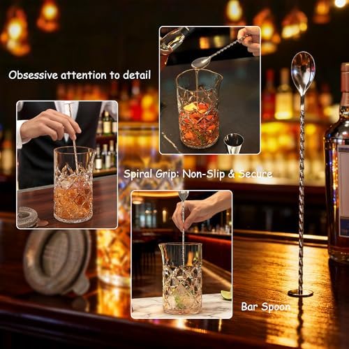 Professional 24 Oz Cocktail Mixing Glass Set - Thick Bottom Crystal Clear Bar Tools with Strainer, Jigger (15/30ml), Spoon & Recipe Guide