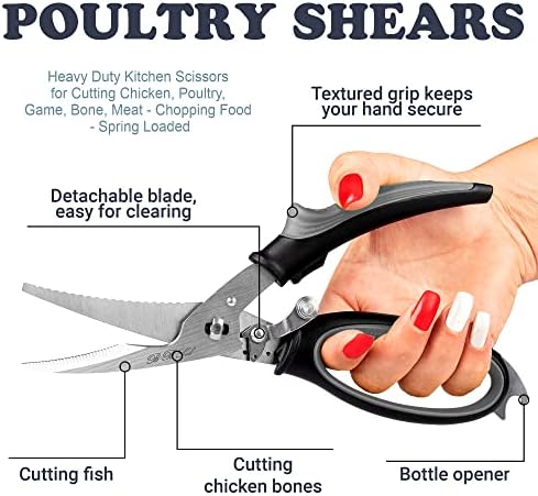 Poultry Shears Heavy Duty Professional – Sharp Kitchen Scissors Heavy Duty Dishwasher Safe - Stainless Steel Turkey Shears - Spring Loaded Ergonomic Handles - All Purpose Kitchen Shear Grey