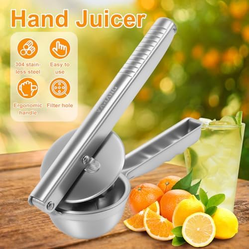 Stainless Steel Lemon Squeezer, Manual Hand Press Juicer with Ergonomic Handle, Garlic Press, Rust Proof Fruits Extractor for Citrus Orange Pomegranates Grapes Lemon Lime