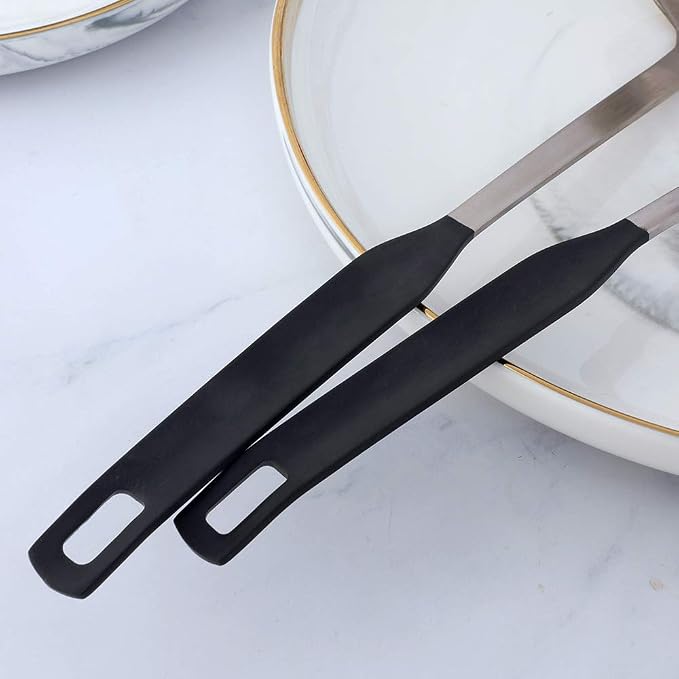 Buyer Star 2 Pcs Soup Ladle Spoons,Silver Black Cookware Serving Long Handle Steel Slotted Spoon Cooking Utensil Set for Hotpot